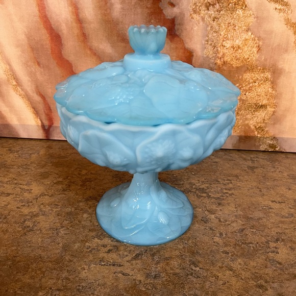 Fenton Water Lily Milk Glass, Blue Satin Custard Pedestal Candy Dish - Picture 2 of 15